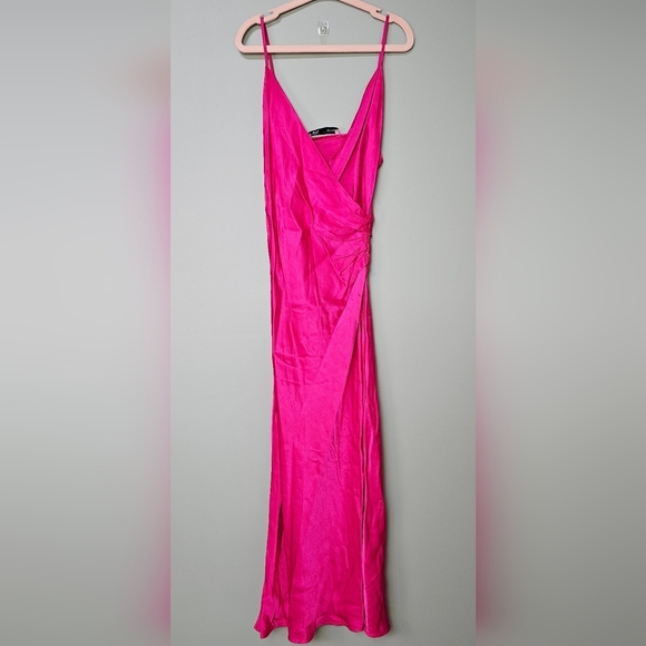 Zara Women's Hot Pink Fuchsia Satin Surplice Neckline Ruched Wrap Midi Dress, XS - Picture 7 of 12